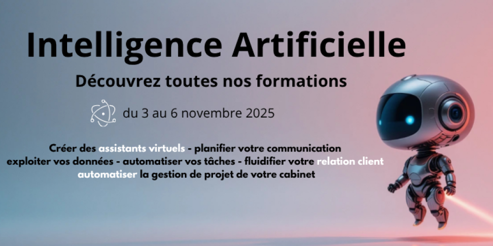 Affiche promotionnelle des formations en intelligence artificielle proposées par IRF Numeria du 3 au 6 novembre 2025, avec un robot illustré.