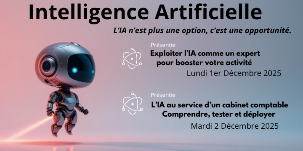 Affiche de deux formations en Intelligence Artificielle destinées aux cabinets comptables, organisées par IRF Numéria en présentiel les 1er et 2 décembre 2025.